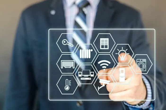 Man clicking on olographic user interface